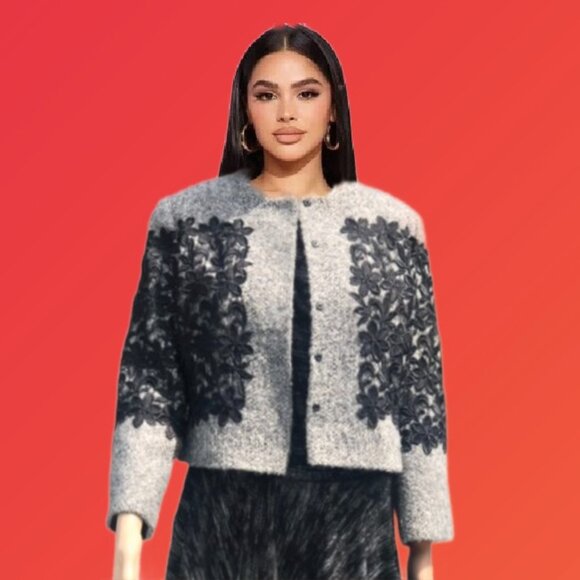 Vintage Single-Breasted Cropped Grey Tweed Jacket Black Lace Appliques Size 10 - Picture 7 of 7